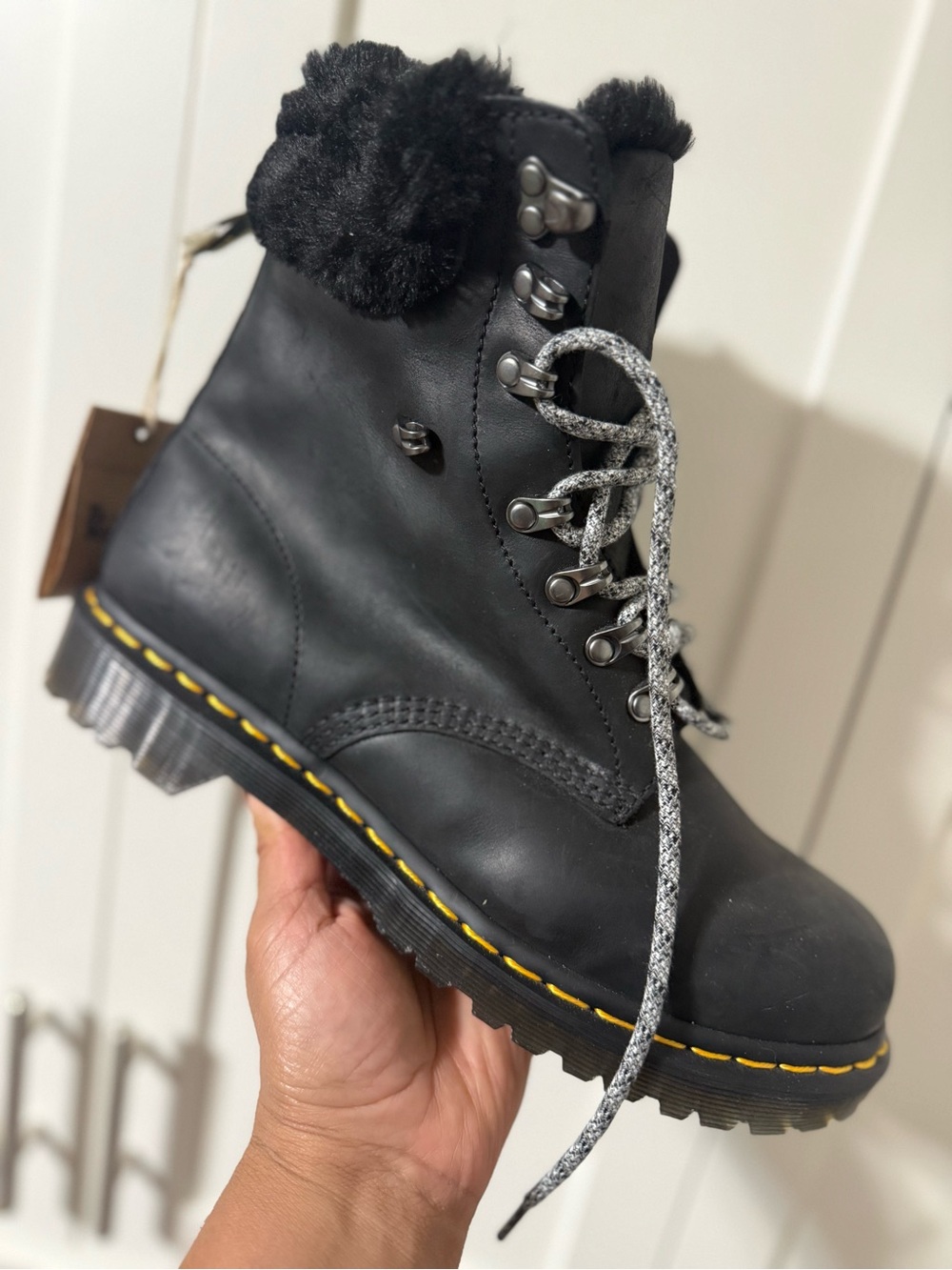 Dr. Martens Black Leather Lace-Up Boot with Faux-Fur Collar and Yellow Stitching